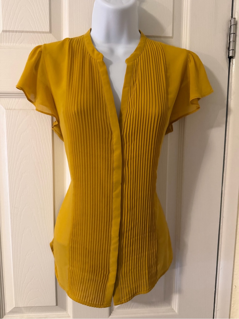 Express Mustard Yellow Pleated Flutter-Sleeve Blouse